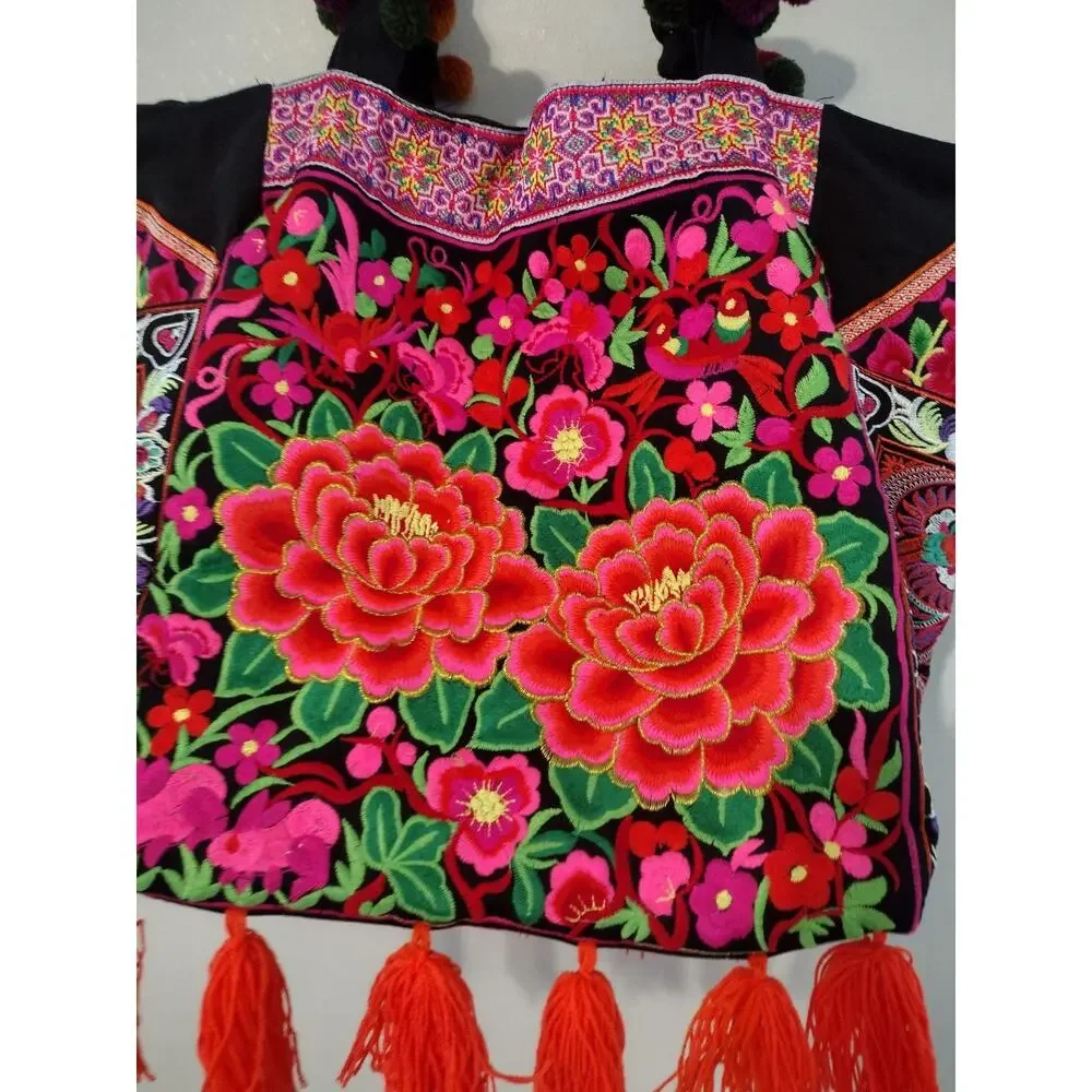 Embroidered Tote Bag Womens Large Multicolor Floral Tassel Boho Canvas Purse